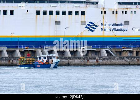 Lobster boat loaded with fresh lobsters returns to port in North Sydney Cape Breton Nova Scotia.  The fishing boat is dwarfed by the Nova Scotia to Ne Stock Photo