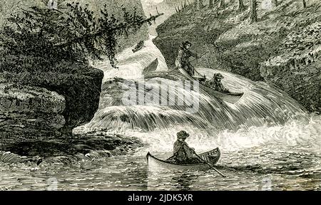 The 1869 caption reads: 'O, royal sight it was to see them come one after another on the verge.' A man in a boat watches as another boat with two people maneuver over rapids. Stock Photo