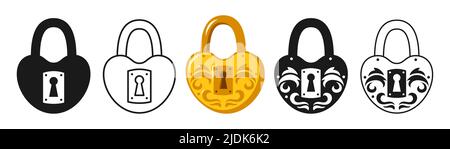Lock heart shaped golden old icon set. Metal cartoon shiny locks for logo, game, web or app locking privacy encryption sign. Padlock for safety security vintage symbol protection design element Stock Vector