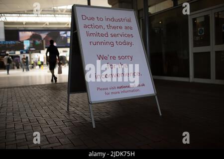 London, UK. 21st June, 2022. Photo taken on June 21, 2022 shows a sign inside Waterloo Station in London, Britain. After last-ditch talks between unions and rail operators broke down here on Monday, the United Kingdom's (UK) National Union of Rail, Maritime and Transport Workers (RMT) gave the go-ahead on Tuesday to the country's biggest rail strikes in 30 years that are expected to cause massive disruptions to rail services in England, Scotland and Wales. Credit: Tim Ireland/Xinhua/Alamy Live News Stock Photo