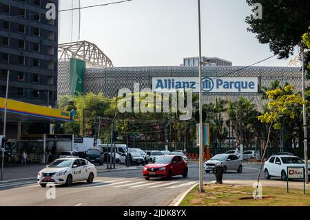 Partial view of Allianz Parque arena (home of Palmeiras Football Club) as saw from Marrey Junior square under sunny clear blue sky in a normal day. Stock Photo