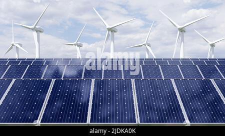 Solar panels and wind turbine on the sky background.3d rendering Stock Photo