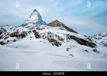 A Landscape of Matterhorn from Schwarzsee cable car station, Zermatt Stock Photo