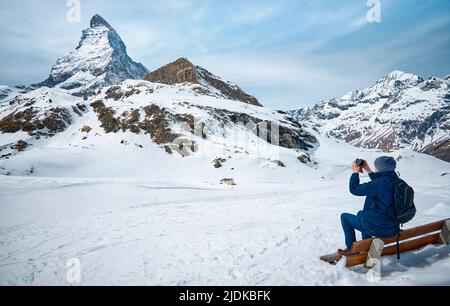 A Landscape of Matterhorn from Schwarzsee cable car station, Zermatt Stock Photo