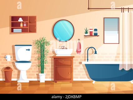 Modern Bathroom Furniture Interior Background Illustration with Bathtub, Faucet Toilet Sink to Shower and Clean up in Flat Color Style Stock Vector