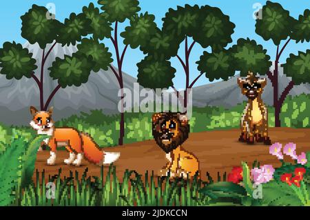 Group of wild animals gathering on the fringe of forest Stock Vector