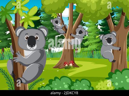 Koalas in the forest background illustration Stock Vector