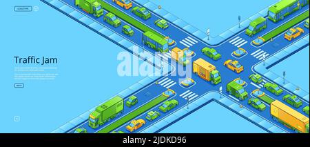 Traffic jam isometric web banner, city crossroad with cars at rush hour, crowded road with urban vehicles, zebra and signs at sidewalks. Busy automobile transportation, 3d vector line art illustration Stock Vector