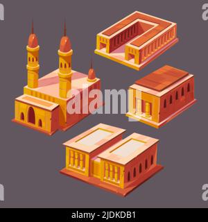 Isometric egyptian buildings, ancient landmarks. Vector set of old architecture in Egypt, historic buildings, arab Mosque, stone temples with pillars and statues isolated on background Stock Vector