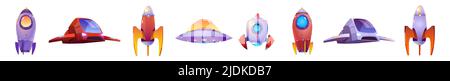 Alien spaceship game icons vector set. Funny rockets, ufo shuttles cartoon collection illustrations isolated on white background. Fantasy cosmic objects, computer game graphic design elements Stock Vector