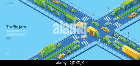 Traffic jam isometric web banner, city crossroad with cars at rush hour, crowded road with urban vehicles, zebra and signs at sidewalks. Busy automobile transportation, 3d vector line art illustration Stock Vector