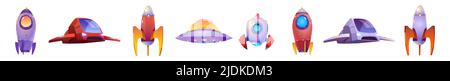 Alien spaceship game icons vector set. Funny rockets, ufo shuttles cartoon collection illustrations isolated on white background. Fantasy cosmic objects, computer game graphic design elements Stock Vector