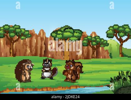Cartoon happy animals on the field Stock Vector