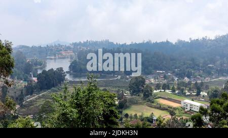 Aerial view of Star shaped man made  Kodaikanal Lake, also known as Kodai Lake Kodaikanal, Tamilnadu, India. Stock Photo