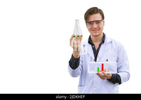scientist isolated. caucasian male with science lab equipments happy smile on white background. Stock Photo