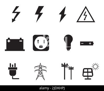 black electricity icon set on white background. set of energy icons. electric sign. flat style. Stock Photo