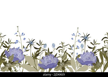 Vector floral seamless pattern, border. Horizontal panoramic design with blue peonies and green leaves on a white background. Stock Vector