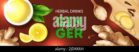 Herbal drinks realistic horizontal banner header  with ginger lemon clove detox tea ingredients top view vector illustration Stock Vector