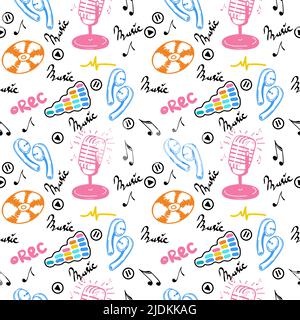 A seamless pattern of musical symbols, hand-drawn doodle-style elements. Microphone, CDs, sheet music, modern headphones and sound recording icons. Ve Stock Vector