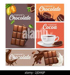 Cocoa realistic banners set of chocolate bar  cacao beans cup of hot chocolate isolated vector illustration Stock Vector