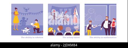 Kids hobbies isolated illustrations set of children with ability in robotics and mathematics and acting talent  flat vector illustration Stock Vector