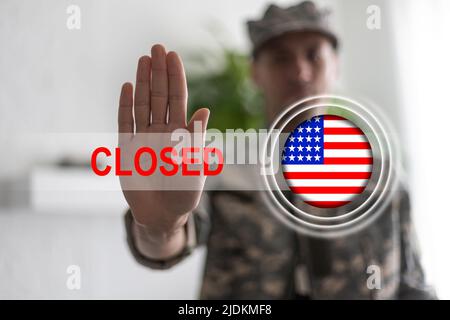 Closed Borders in United States of America. usa flag and inscription closed Stock Photo
