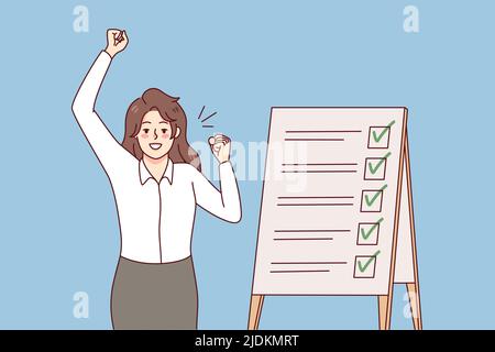 Happy businesswoman triumph with business tasks succeed. Smiling woman employee complete to do list. Schedule and time management and organization. Planner. Vector illustration.  Stock Vector