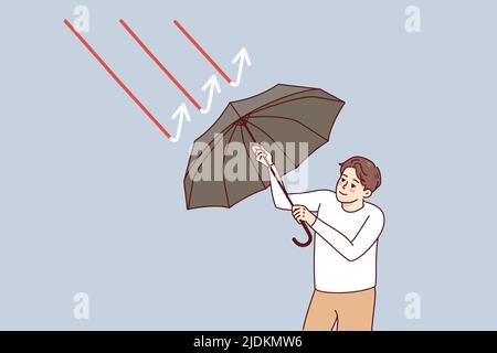 Confident businessman holding umbrella protect from red arrows ...
