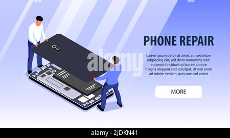 Two men from computer repair service fixing smartphone isometric banner 3d vector illustration Stock Vector