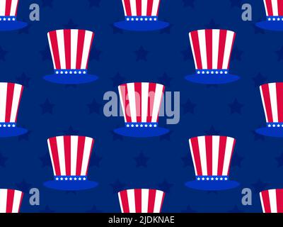 Uncle Sam's hat seamless pattern. Striped hat with stars symbols of the USA. Happy 4th July. Design for posters, banners and prints for holiday produc Stock Vector