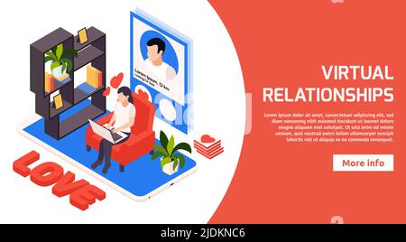 Finding true love online virtual relationship perfect match dating site isometric horizontal website banner vector illustration Stock Vector