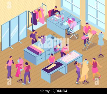 Isometric sewing studio illustration with seamstress and tailors work in the studio vector illustration Stock Vector