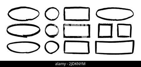 Grunge hand drawn circles, rectangles and ovals. Collection of textured highlight circle and square frames. Doodle circular borders for bullet journal Stock Vector