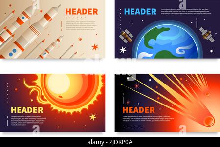 Set of four horizontal space banners with editable header text and images of planets and rockets vector illustration Stock Vector