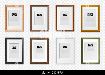 Rectangular a4 paper size picture frames various colors wooden plastic metal realistic set transparent background vector illustration Stock Vector