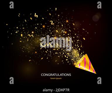 Realistic party popper exploding with golden serpentine and sparkles on dark background vector illustration Stock Vector