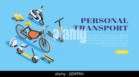 Isometric personal transport bike scooter monocycle skateboard roller skates on blue background 3d vector illustration Stock Vector