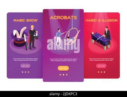 Circus isometric vertical banners set with acrobats and magic show ...