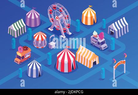 Circus performance isometric concept with amusement park symbols vector illustration Stock Vector