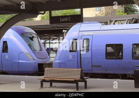 Lund, Sweden - June 15, 2022: Commuter train of class X61 in service fpr the Skanetrafiken calling at the Lund Central station. Stock Photo