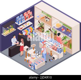 Exotic pet shop assistant behind counter isometric interior view with animals enclosures food accessories customers vector illustration Stock Vector