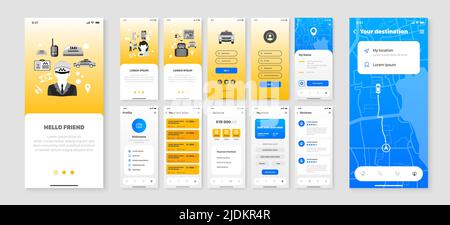 Mobile screens set with user interface of smartphone application taxi company and city navigation isolated flat vector illustration Stock Vector