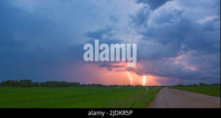 Landscape with lightning at sunset light, panoramic landscape Stock Photo