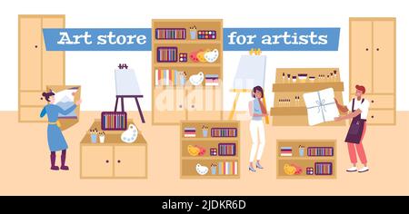Art Store Vector Illustration with Painting Supplies Store Accessories ...