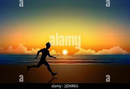 silhouette of a man running on the beach in the morning, with a colorful sky and clouds and the sun rising in the background. Stock Vector