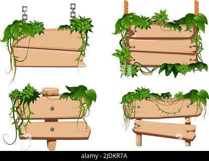 Tropical twining liana vines leaves twist around 4 classical cartoon wooden sign boards set isolated vector illustration Stock Vector