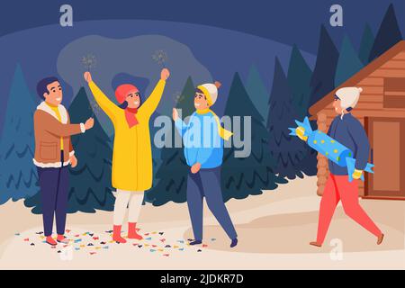 Happy celebration people composition with outdoor landscape and group of friends flat characters burning firework sparklers vector illustration Stock Vector
