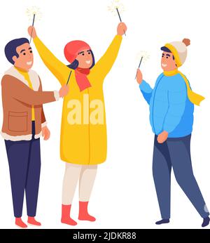 Cheerful people with bengal lights celebrating holiday flat isolated vector illustration Stock Vector