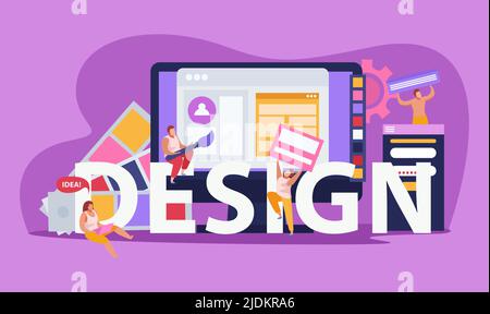 Graphic design colored flat composition with big headline design and abstract tools vector illustration Stock Vector