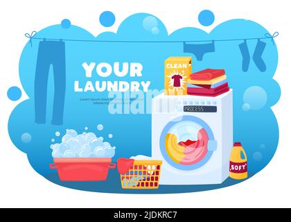 Laundry background with composition of drying clothes silhouettes washing machine and foam with bubbles and baskets vector illustration Stock Vector